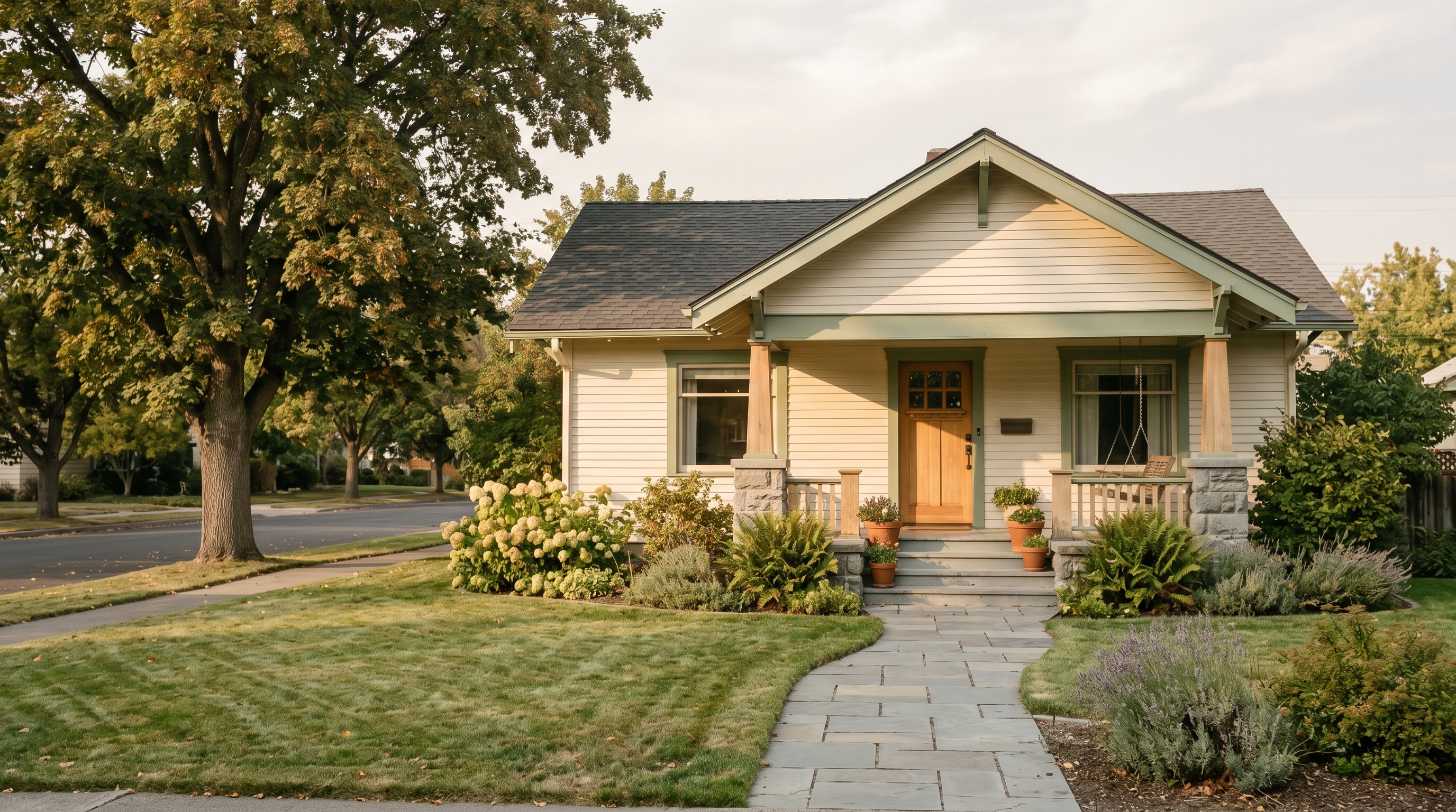 A craftsman bungalow with a covered front porch, tended landscaping, and a stone walkway in evening light.